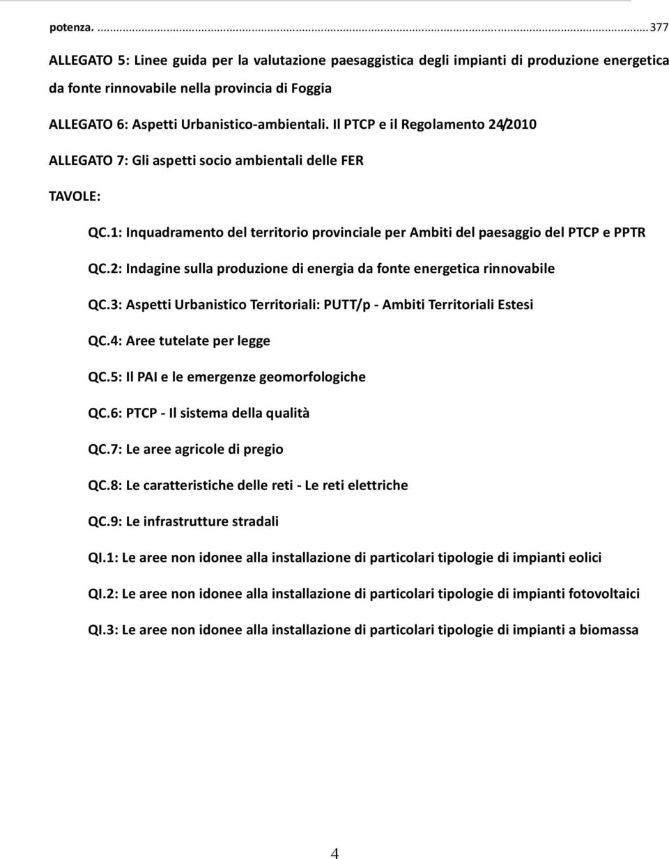 2: Indagine sulla produzione di energia da fonte energetica rinnovabile QC.3: Aspetti Urbanistico Territoriali: PUTT/p Ambiti Territoriali Estesi QC.4: Aree tutelate per legge QC.