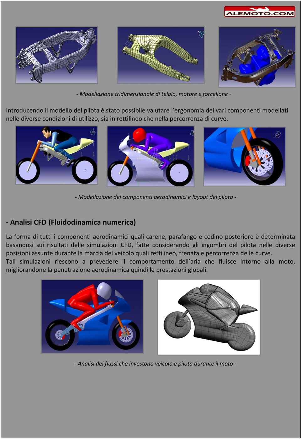 Modellazione dei componenti aerodinamici e layout del pilota Analisi CFD (Fluidodinamica numerica) La forma di tutti i componenti aerodinamici quali carene, parafango e codino posteriore è