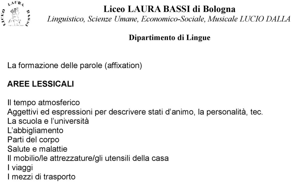 La scuola e l università L abbigliamento Parti del corpo Salute e malattie