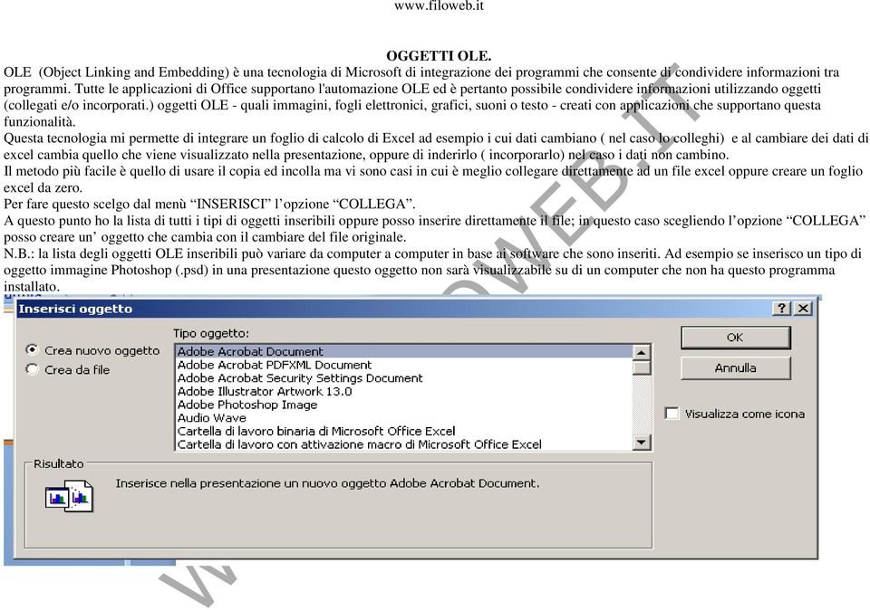 ) oggetti OLE - quali immagini, fogli elettronici, grafici, suoni o testo - creati con applicazioni che supportano questa funzionalità.