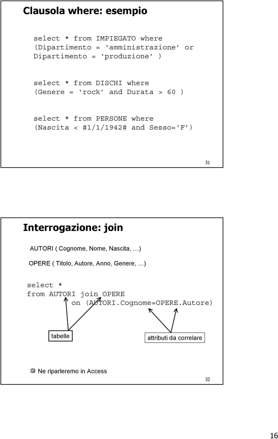 Sesso= F ) 31 Interrogazione: join AUTORI ( Cognome, Nome, Nascita, ) OPERE ( Titolo, Autore, Anno, Genere, ) select