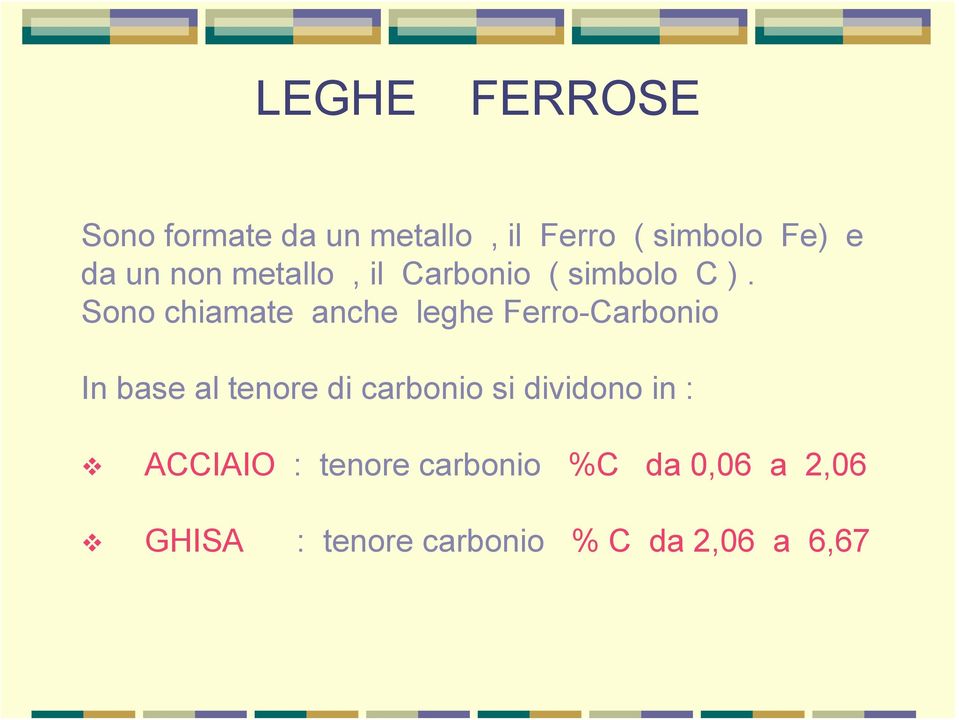 Sono chiamate anche leghe Ferro-Carbonio In base al tenore di carbonio