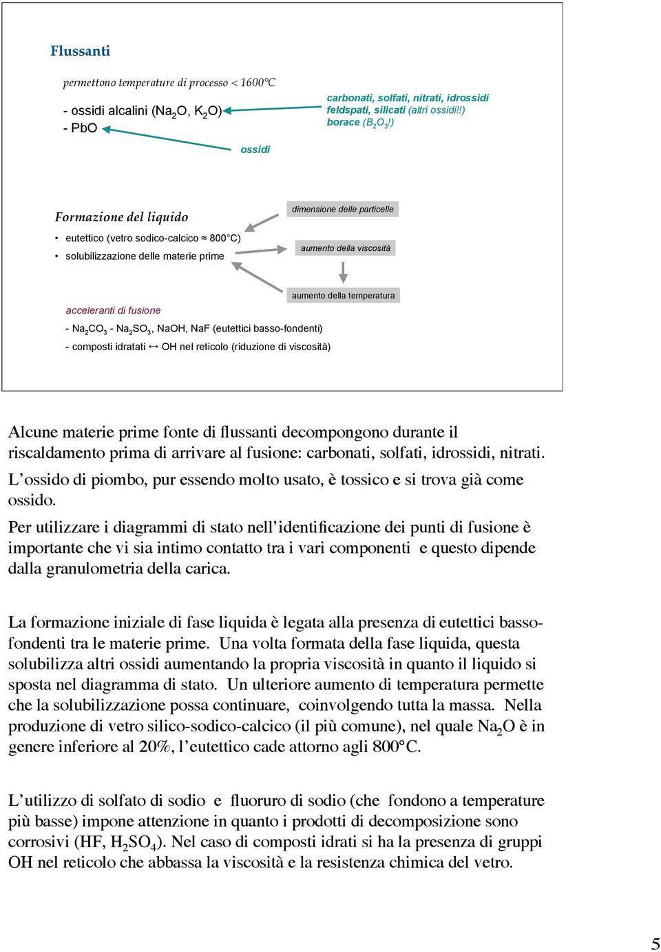 fusione - Na 2 C - Na 2 S, NaOH, NaF (eutettici basso-fondenti) - composti idratati OH nel reticolo (riduzione di viscosità) Alcune materie prime fonte di flussanti decompongono durante il