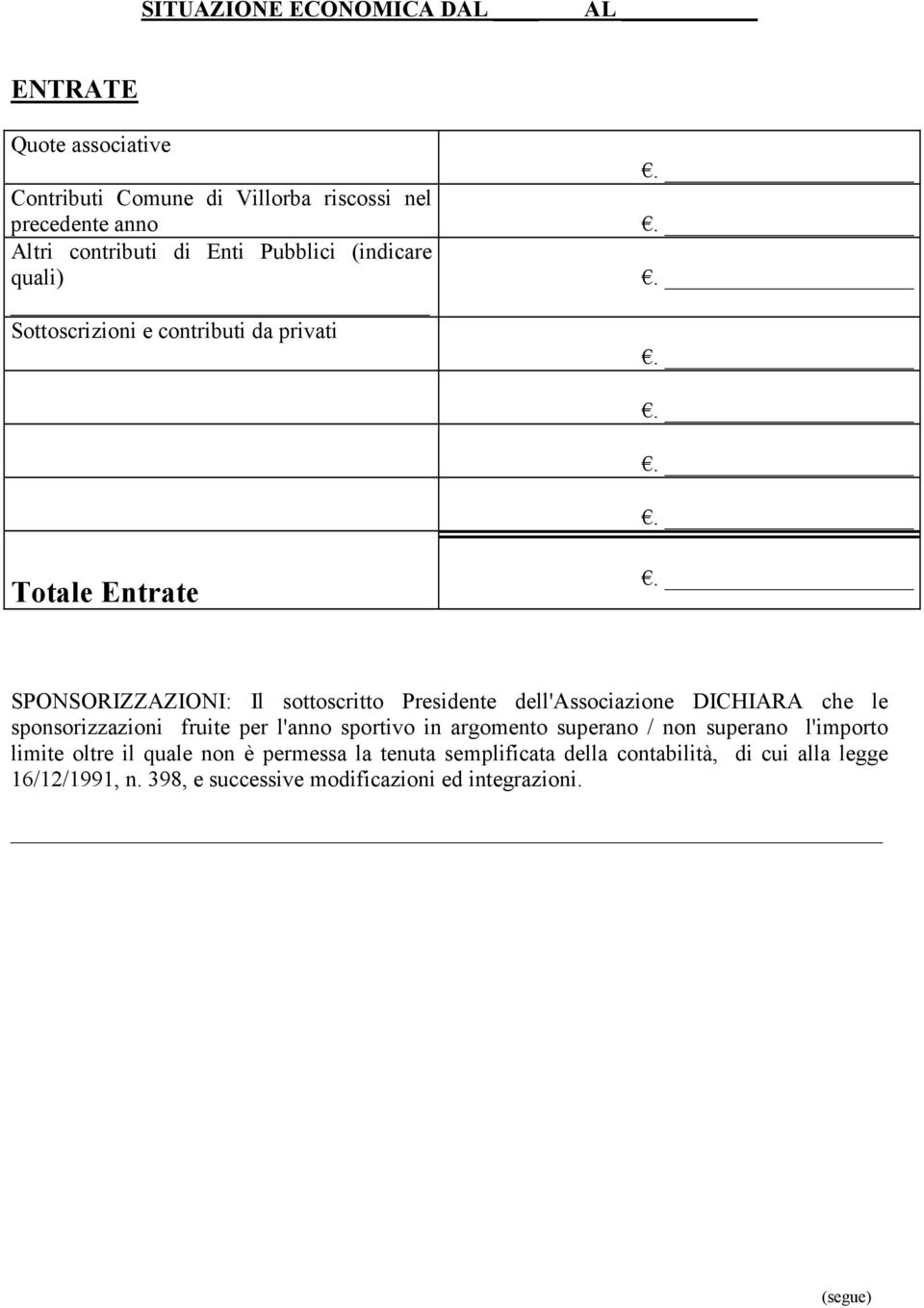 dell'associazione DICHIARA che le sponsorizzazioni fruite per l'anno sportivo in argomento superano / non superano l'importo limite oltre