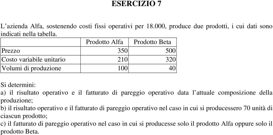 fatturato di pareggio operativo data l attuale composizione della produzione; b) il risultato operativo e il fatturato di pareggio operativo nel caso