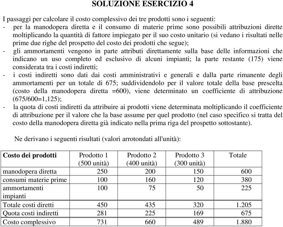 parte attributi direttamente sulla base delle informazioni che indicano un uso completo ed esclusivo di alcuni impianti; la parte restante (175) viene considerata tra i costi indiretti; - i costi