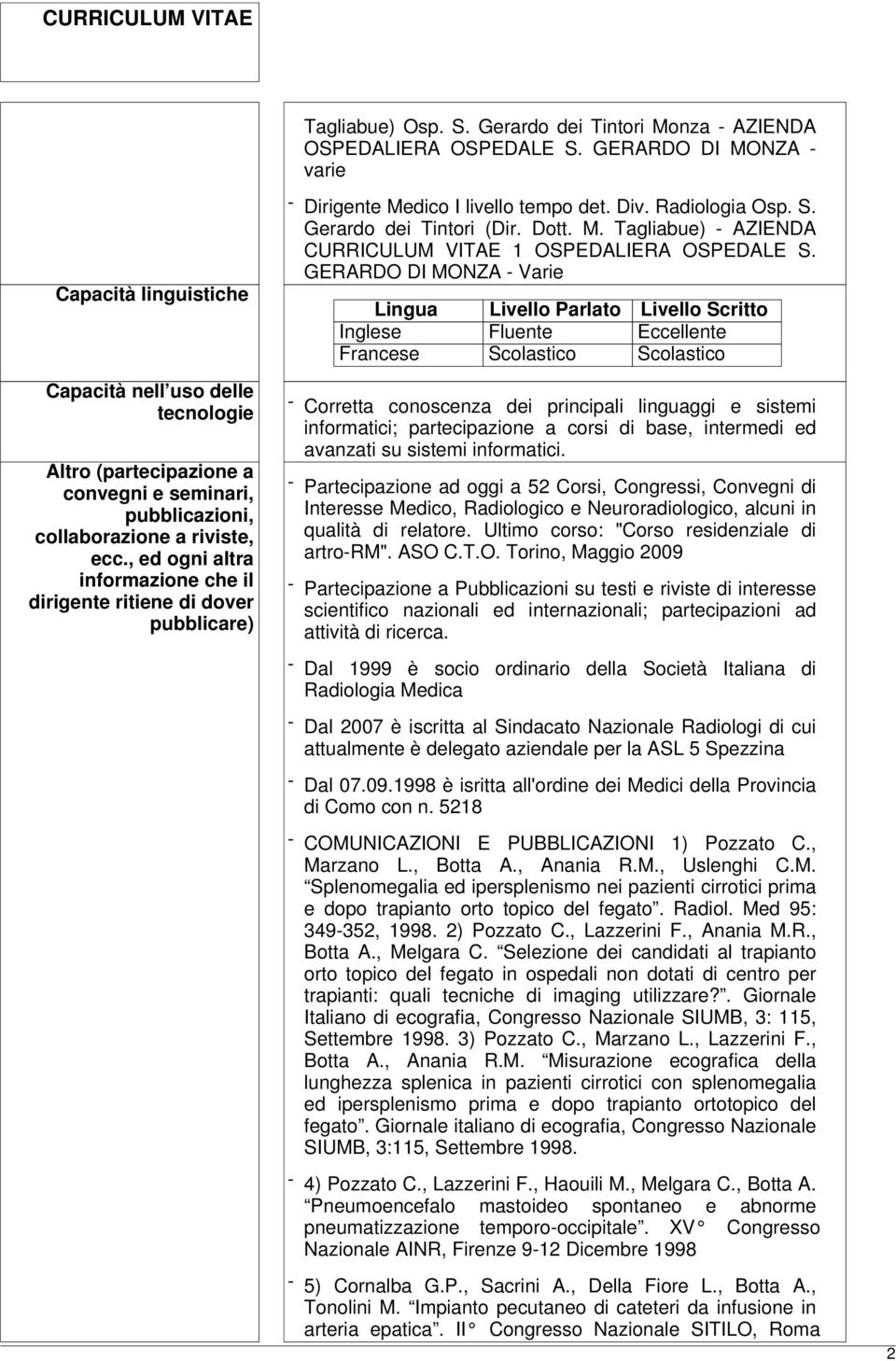 , ed ogni altra informazione che il dirigente ritiene di dover pubblicare) - Dirigente Medico I livello tempo det. Div. Radiologia Osp. S. Gerardo dei Tintori (Dir. Dott. M. Tagliabue) - AZIENDA CURRICULUM VITAE 1 OSPEDALIERA OSPEDALE S.