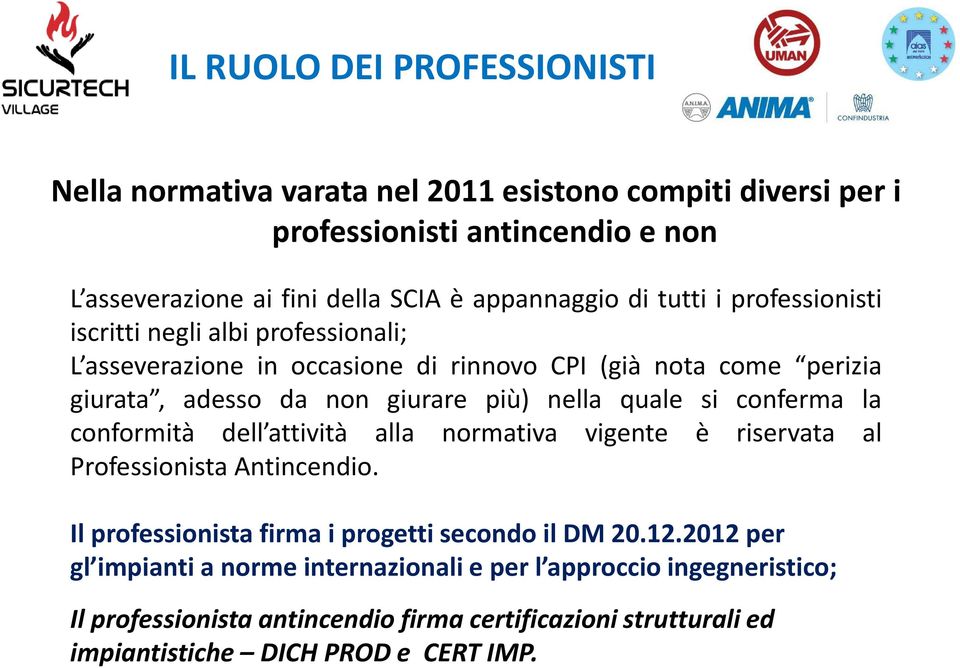 quale si conferma la conformità dell attività alla normativa vigente è riservata al Professionista Antincendio. Il professionista firma i progetti secondo il DM 20.12.