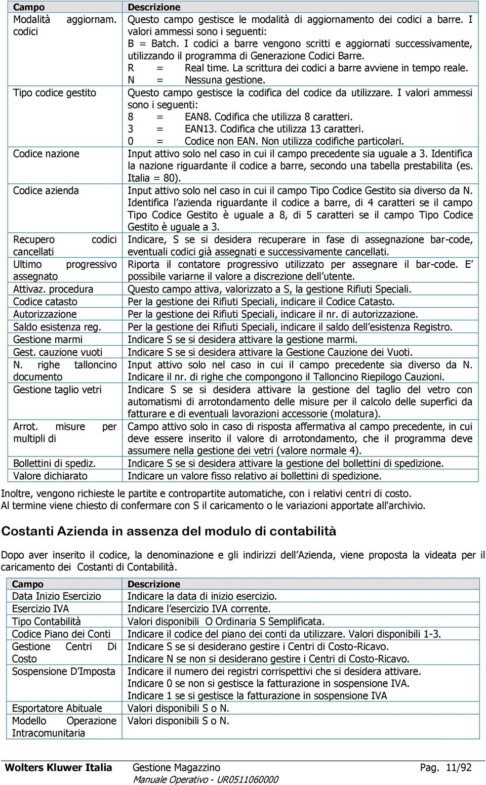 N = Nessuna gestione. Tipo codice gestito Questo campo gestisce la codifica del codice da utilizzare. I valori ammessi sono i seguenti: 8 = EAN8. Codifica che utilizza 8 caratteri. 3 = EAN13.