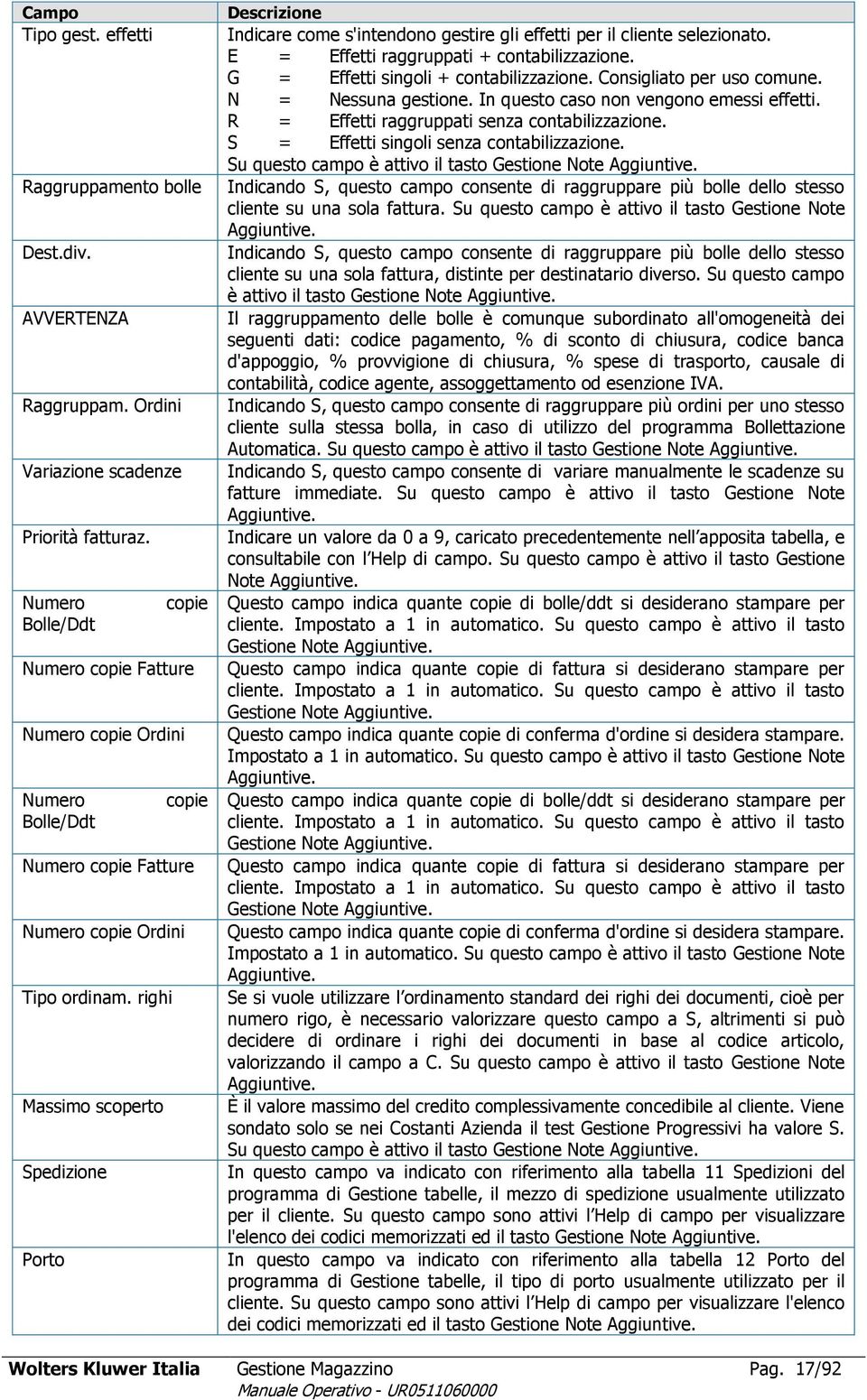 righi Massimo scoperto Spedizione Porto Indicare come s'intendono gestire gli effetti per il cliente selezionato. E = Effetti raggruppati + contabilizzazione. G = Effetti singoli + contabilizzazione.