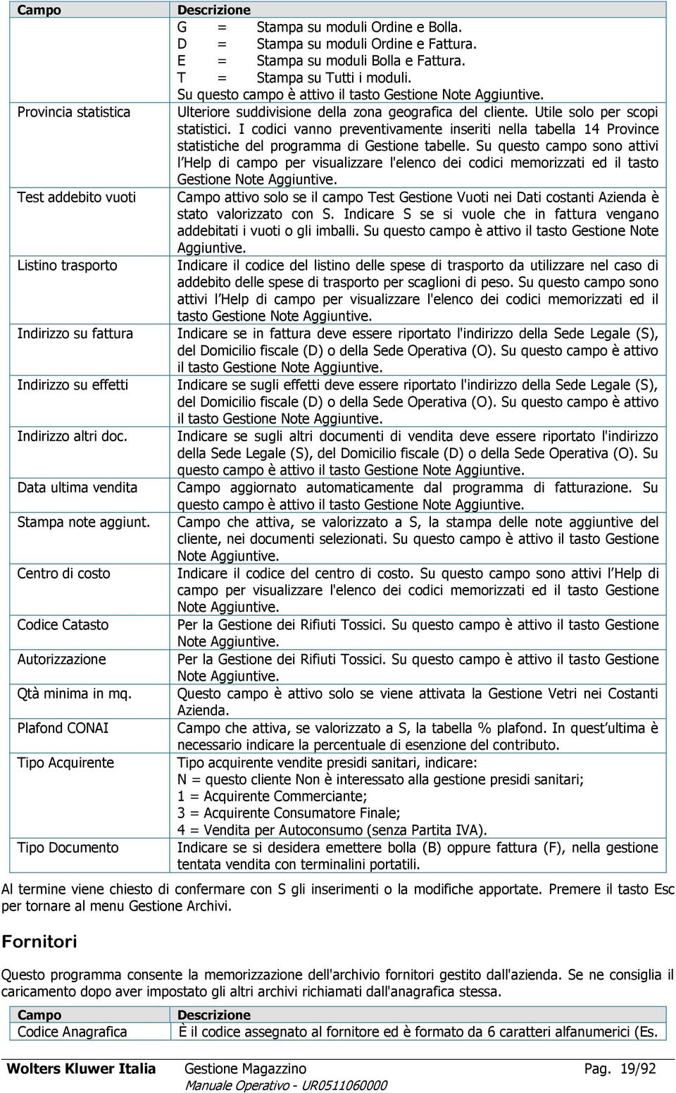 E = Stampa su moduli Bolla e Fattura. T = Stampa su Tutti i moduli. Su questo campo è attivo il tasto Gestione Note Aggiuntive. Ulteriore suddivisione della zona geografica del cliente.