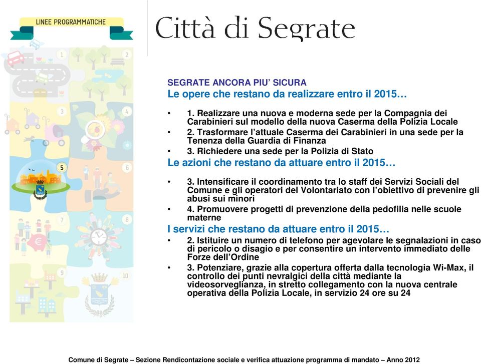 Trasformare l attuale Caserma dei Carabinieri in una sede per la Tenenza della Guardia di Finanza 3. Richiedere una sede per la Polizia di Stato Le azioni che restano da attuare entro il 2015 3.