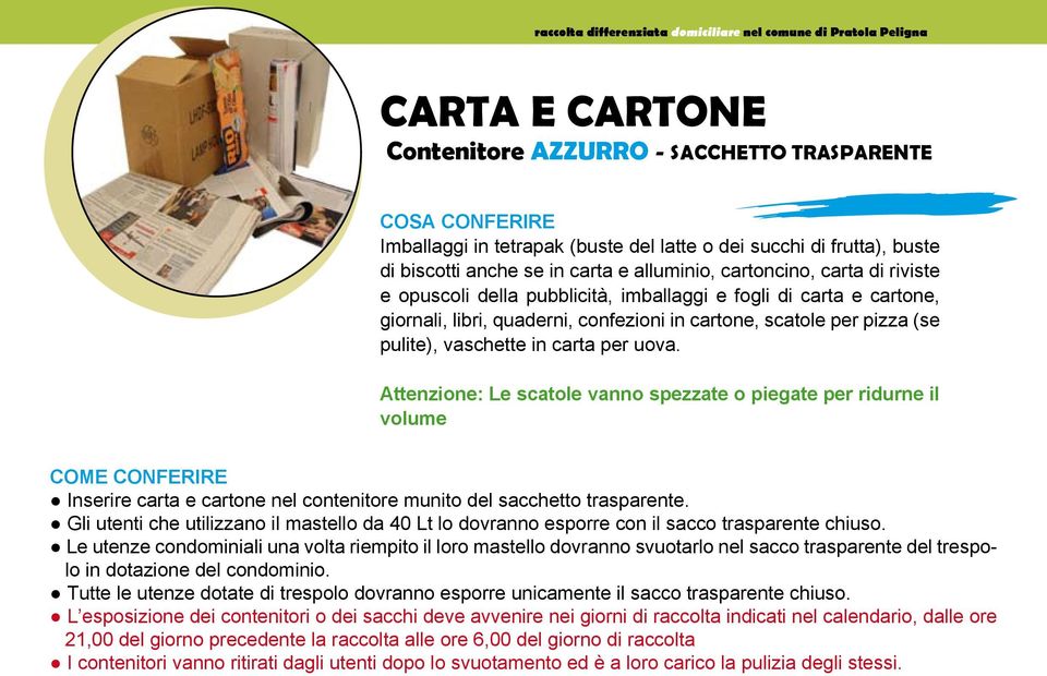 cartone, scatole per pizza (se pulite), vaschette in carta per uova.