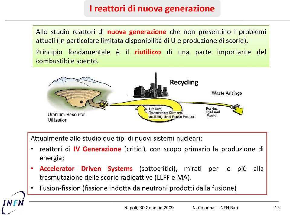 Recycling Attualmente allo studio due tipi di nuovi sistemi nucleari: reattori di IV Generazione (critici), con scopo primario la produzione di energia;