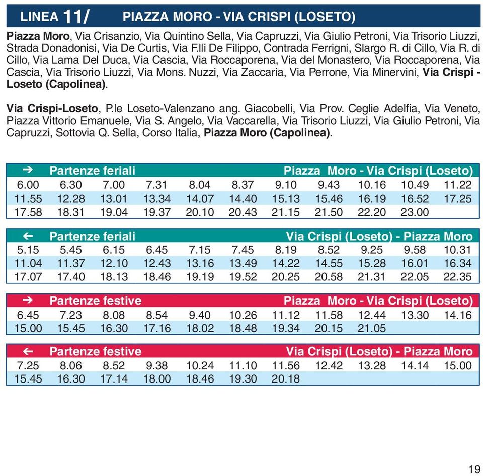 Nuzzi, Via Zaccaria, Via Perrone, Via Minervini, Via Crispi - Loseto (Capolinea). Via Crispi-Loseto, P.le Loseto-Valenzano ang. Giacobelli, Via Prov.