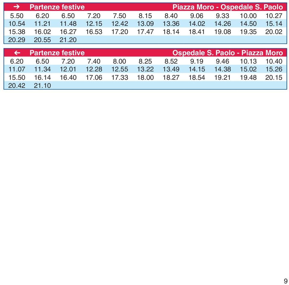 20 Partenze festive Ospedale S. Paolo - Piazza Moro 6.20 6.50 7.20 7.40 8.00 8.25 8.52 9.19 9.46 10.13 10.40 11.07 11.34 12.