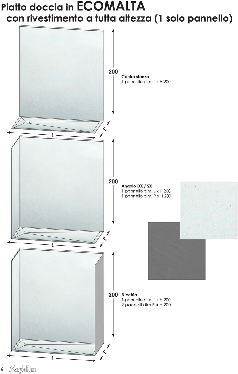 L x H 200 P L 200 Angolo DX / SX 1 pannello dim.