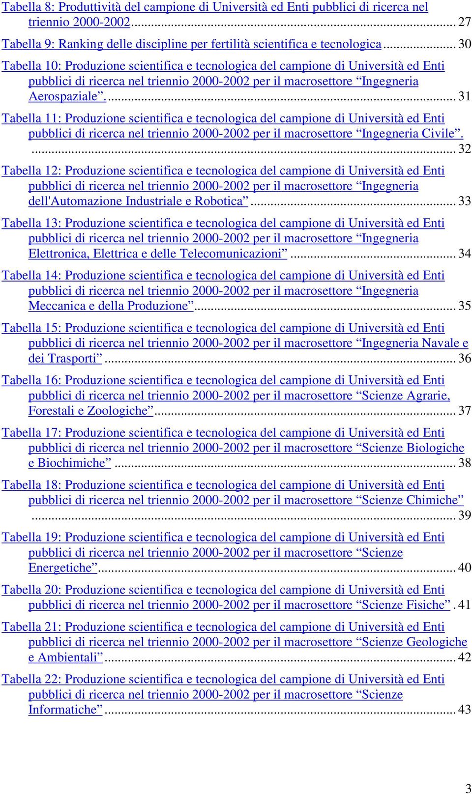 .. 31 Tabella 11: Produzione scientifica e tecnologica del campione di Università ed Enti pubblici di ricerca nel triennio 2000-2002 per il macrosettore Ingegneria Civile.