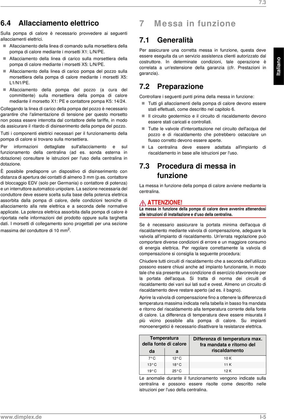 Allacciamento della linea di carico sulla morsettiera della pompa di calore mediante i morsetti X5: L/N/PE.