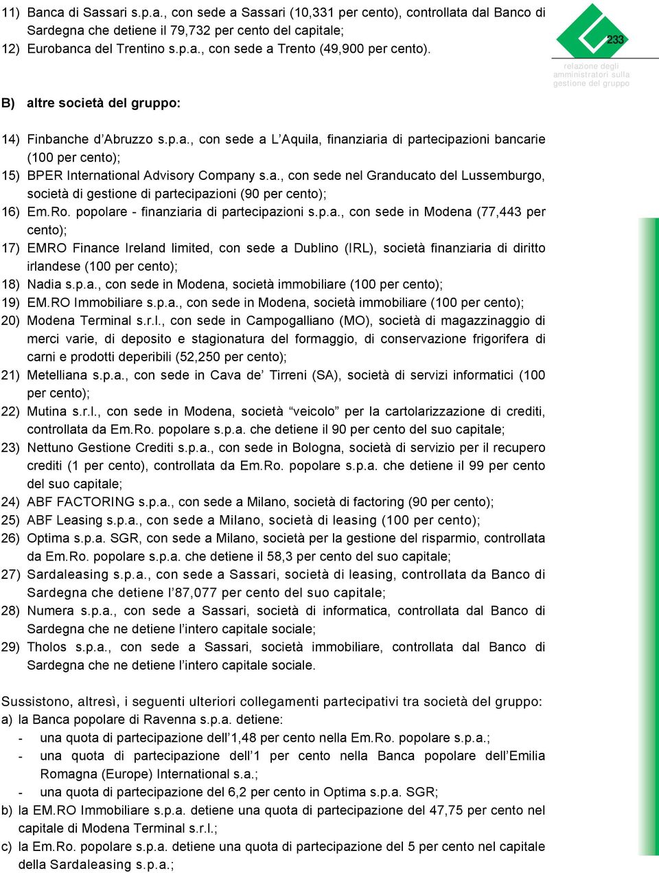 Ro. popolare - finanziaria di partecipazioni s.p.a., con sede in Modena (77,443 per cento); 17) EMRO Finance Ireland limited, con sede a Dublino (IRL), società finanziaria di diritto irlandese (100 per cento); 18) Nadia s.