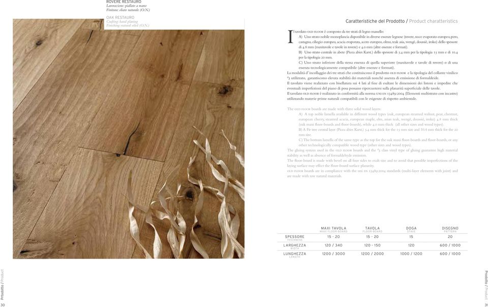 ) Caratteristiche del Prodotto / Product charatteristics Il tavolato old floor è composto da tre strati di legno massello: A) Uno strato nobile monoplancia disponibile in diverse essenze legnose