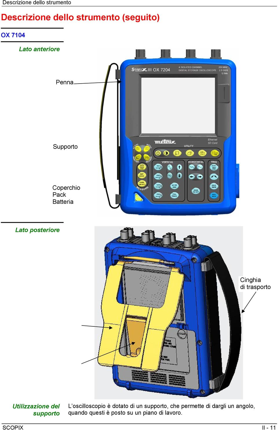 trasporto Utilizzazione del supporto L oscilloscopio è dotato di un supporto, che