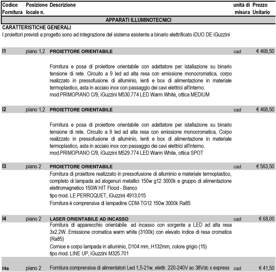 PROIETTORE ORIENTABILE cad 468,50 Fornitura e posa di proiettore orientabile con adattatore per istallazione su binario tensione di rete.