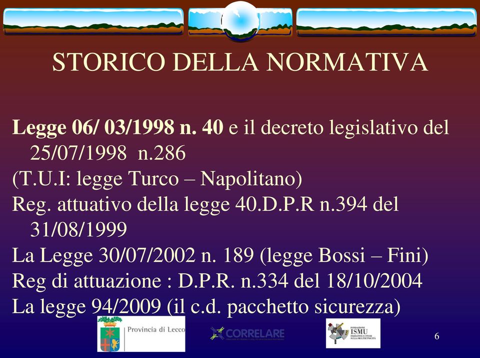 I: legge Turco Napolitano) Reg. attuativo della legge 40.D.P.R n.