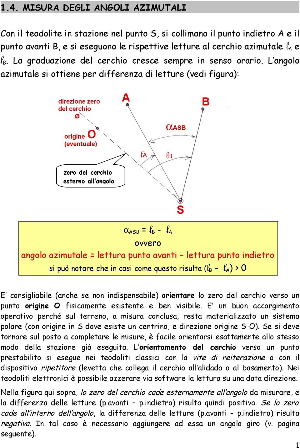 L angolo azimutale si ottiene per differenza di letture (vedi figura): zero del cerchio esterno all angolo αasb lb - la ovvero angolo azimutale lettura punto avanti lettura punto indietro si può