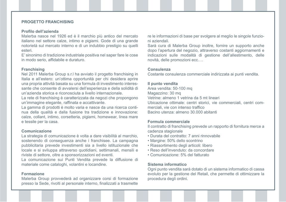 Franchising Nel 2011 Malerba Group s.r.l ha avviato il progetto franchising in Italia e all estero: un ottima opportunità per chi desidera aprire una propria attività basata su una formula di