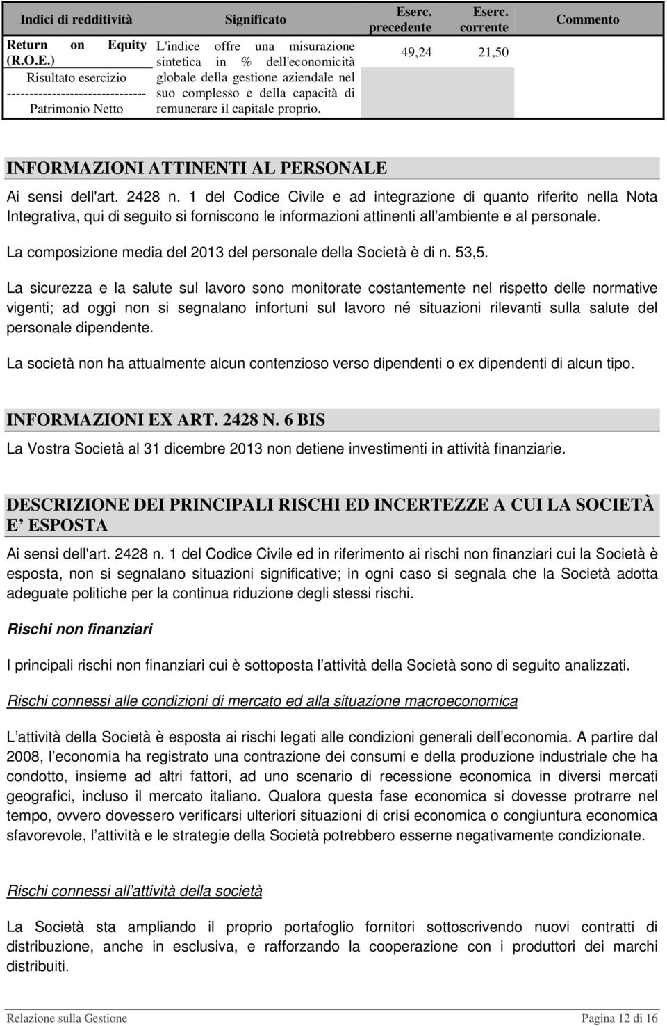 ) Risultato esercizio ------------------------------- Patrimonio Netto Significato L'indice offre una misurazione sintetica in % dell'economicità globale della gestione aziendale nel suo complesso e