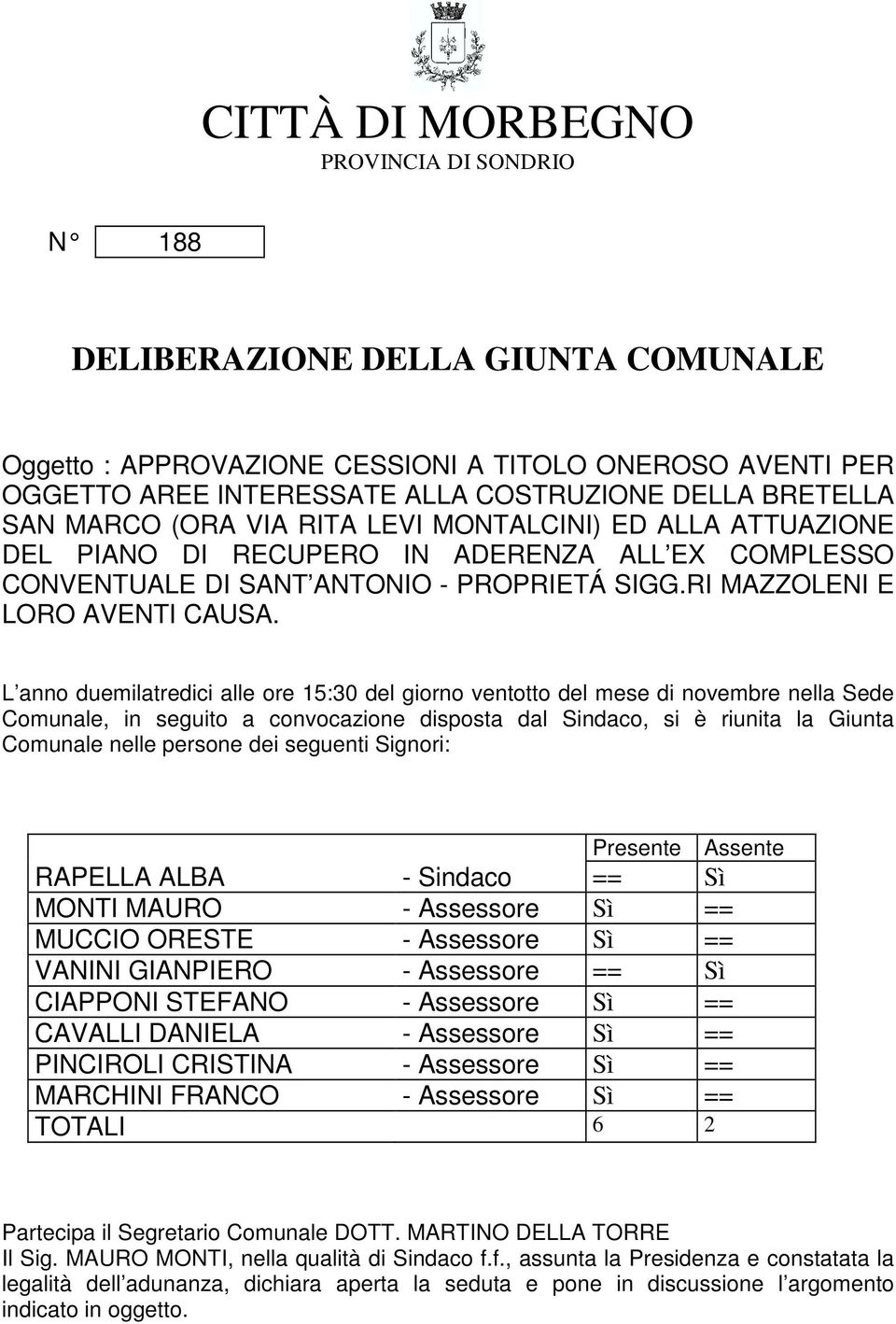 L anno duemilatredici alle ore 15:30 del giorno ventotto del mese di novembre nella Sede Comunale, in seguito a convocazione disposta dal Sindaco, si è riunita la Giunta Comunale nelle persone dei