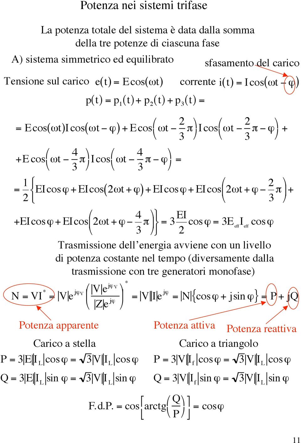 +EIcos + EIcos 2t + 4 3 = 3EI 2 cos = 3E I cos eff eff Trasmissione dell energia avviene con un livello di potenza costante nel tempo (diversamente dalla trasmissione con tre generatori monofase) N =