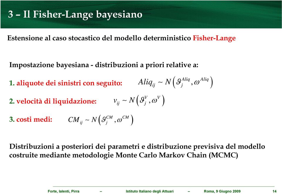 costi medi: ij ij ij ( Aliq Aliq, ) j Aliq N ϑ ω ( V V, ) j v N ϑ ω CM CM ( j, ) CM N ϑ ω Distribuzioni a posteriori dei parametri e