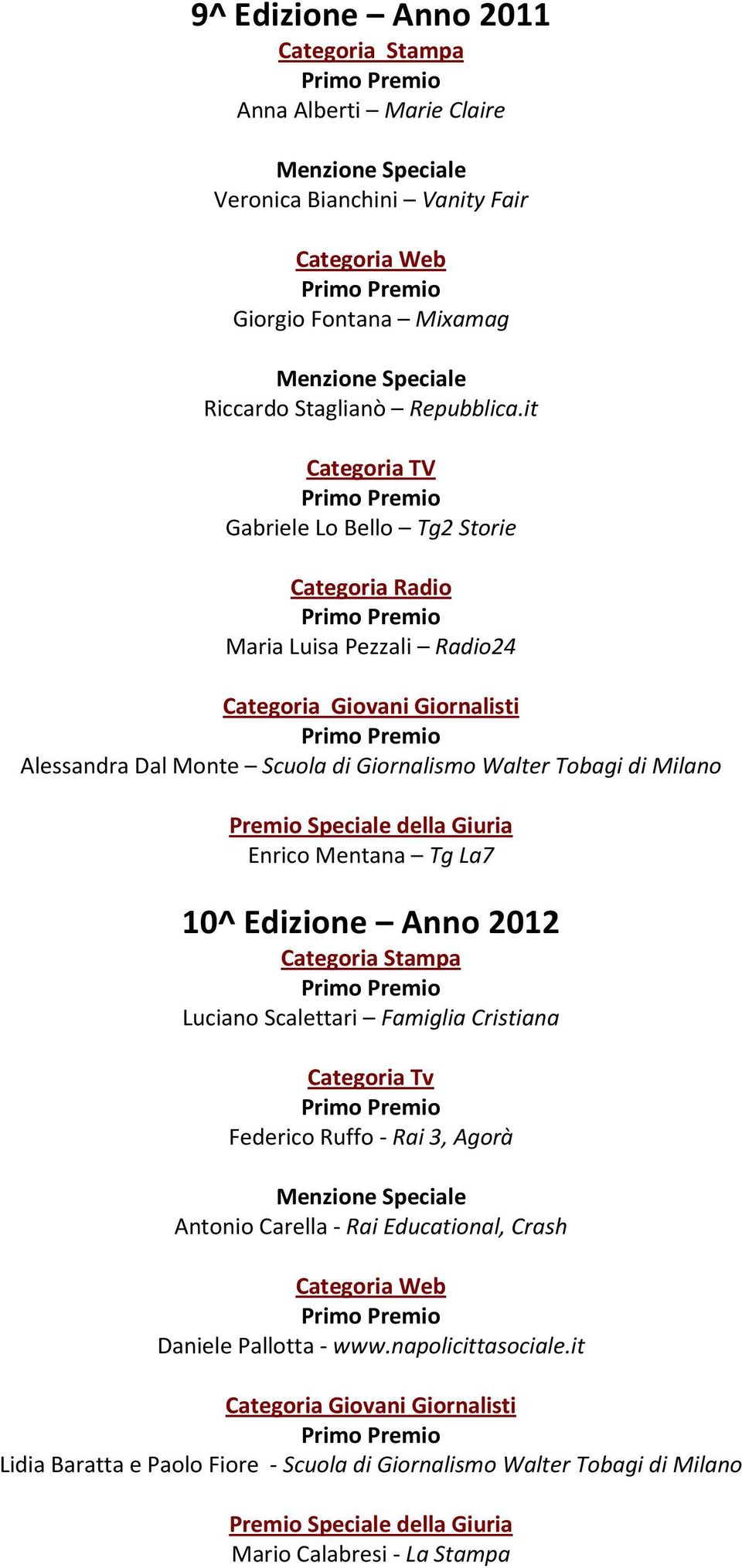 Enrico Mentana Tg La7 10^ Edizione Anno 2012 Categoria Stampa Luciano Scalettari Famiglia Cristiana Categoria Tv Federico Ruffo - Rai 3, Agorà Antonio Carella