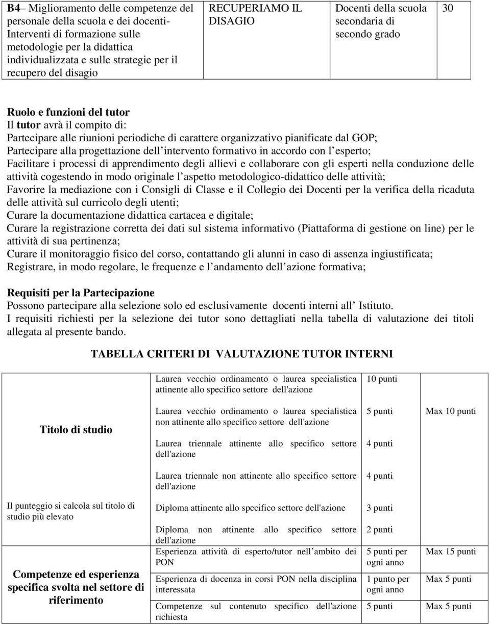 pianificate dal GOP; Partecipare alla progettazione dell intervento formativo in accordo con l esperto; Facilitare i processi di apprendimento degli allievi e collaborare con gli esperti nella