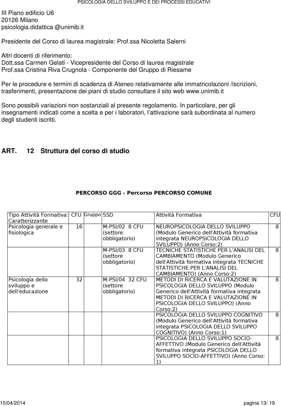 ssa Cristina Riva Crugnola - Componnt dl Gruppo di Risam Pr l procdur trmini di scadnza di Atno rlativamnt all immatricolazioni /iscrizioni, trasfrimnti, prsntazion di piani di studio consultar il