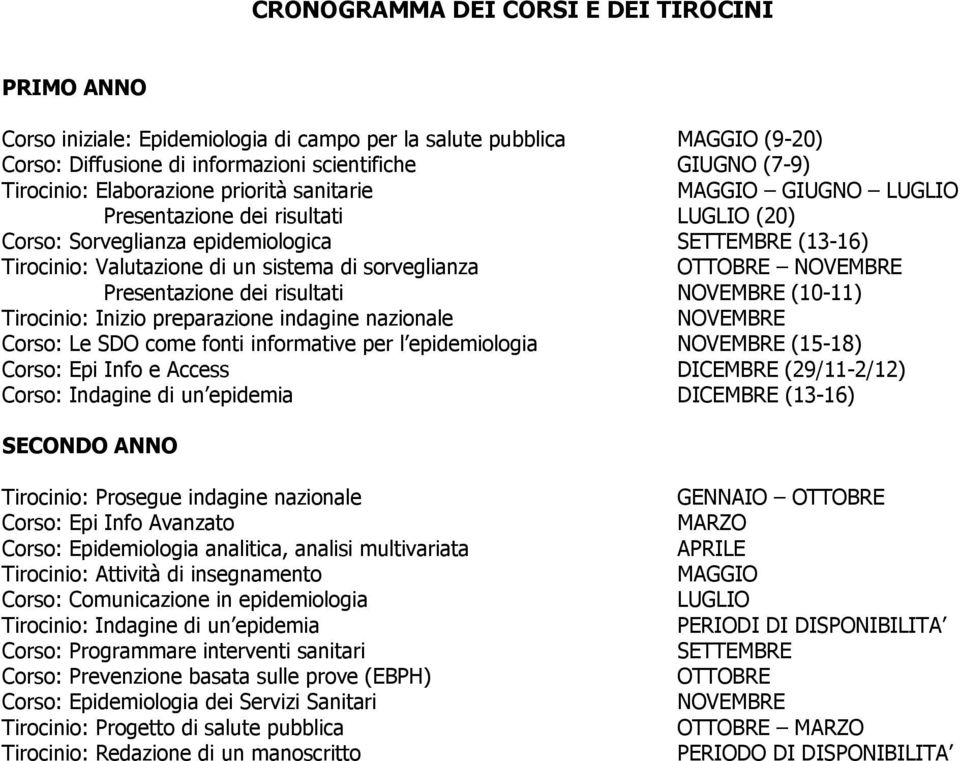 Presentazine dei risultati NOVEMBRE (10-11) Tircini: Inizi preparazine indagine nazinale NOVEMBRE Crs: Le SDO cme fnti infrmative per l epidemilgia NOVEMBRE (15-18) Crs: Epi Inf e Access DICEMBRE