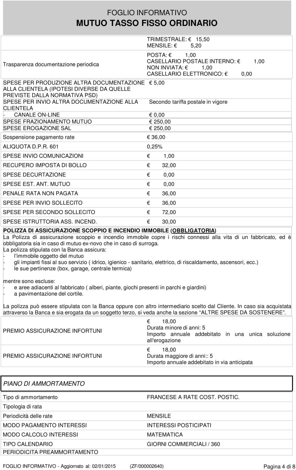 CANALE ON-LINE 0,00 SPESE FRAZIONAMENTO MUTUO 250,00 SPESE EROGAZIONE SAL 250,00 Sospensione pagamento rate 36,00 ALIQUOTA D.P.R. 601 0,25% SPESE INVIO COMUNICAZIONI 1,00 RECUPERO IMPOSTA DI BOLLO 32,00 SPESE DECURTAZIONE 0,00 SPESE EST.