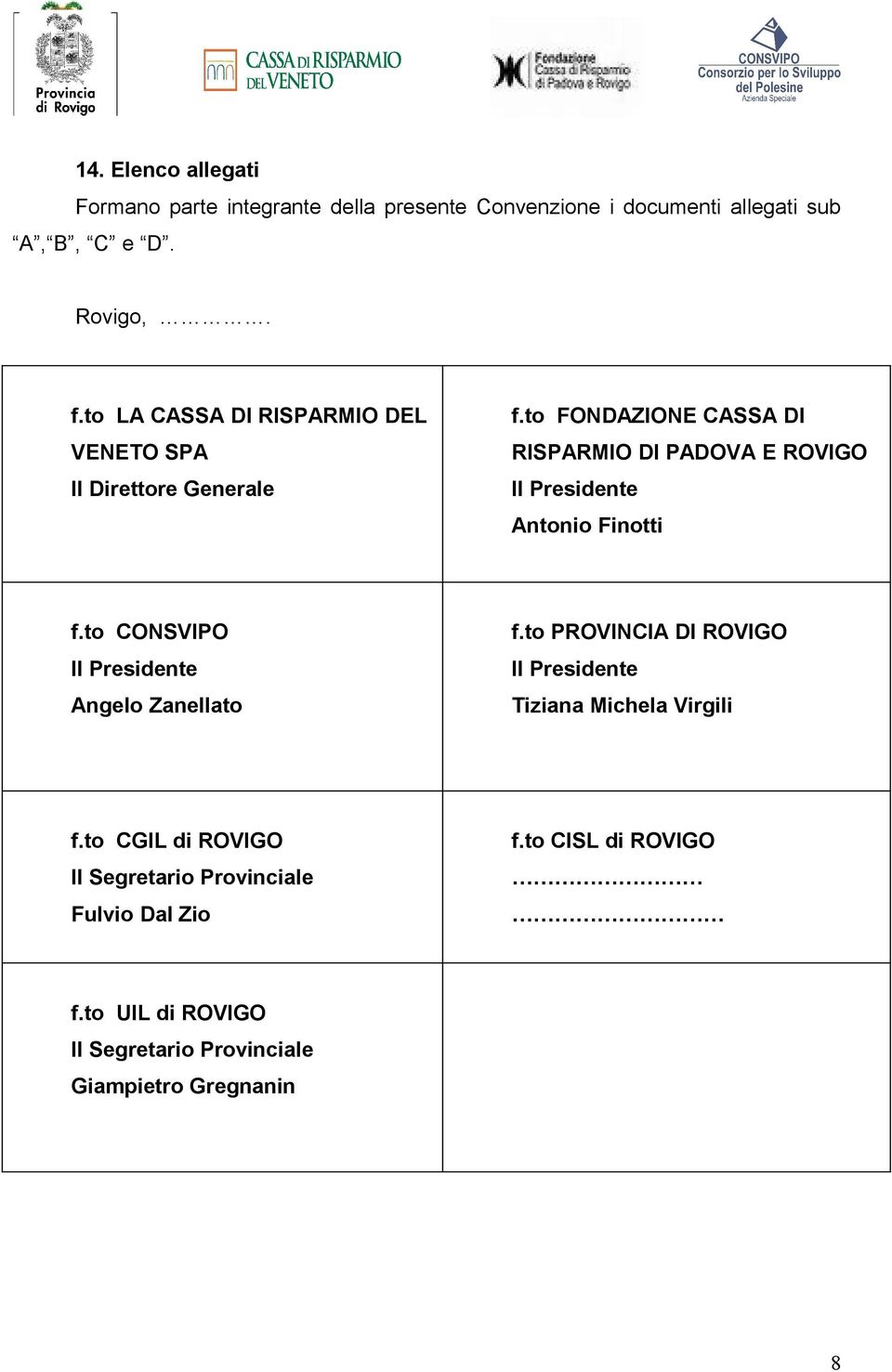 to FONDAZIONE CASSA DI RISPARMIO DI PADOVA E ROVIGO Il Presidente Antonio Finotti f.to CONSVIPO Il Presidente Angelo Zanellato f.