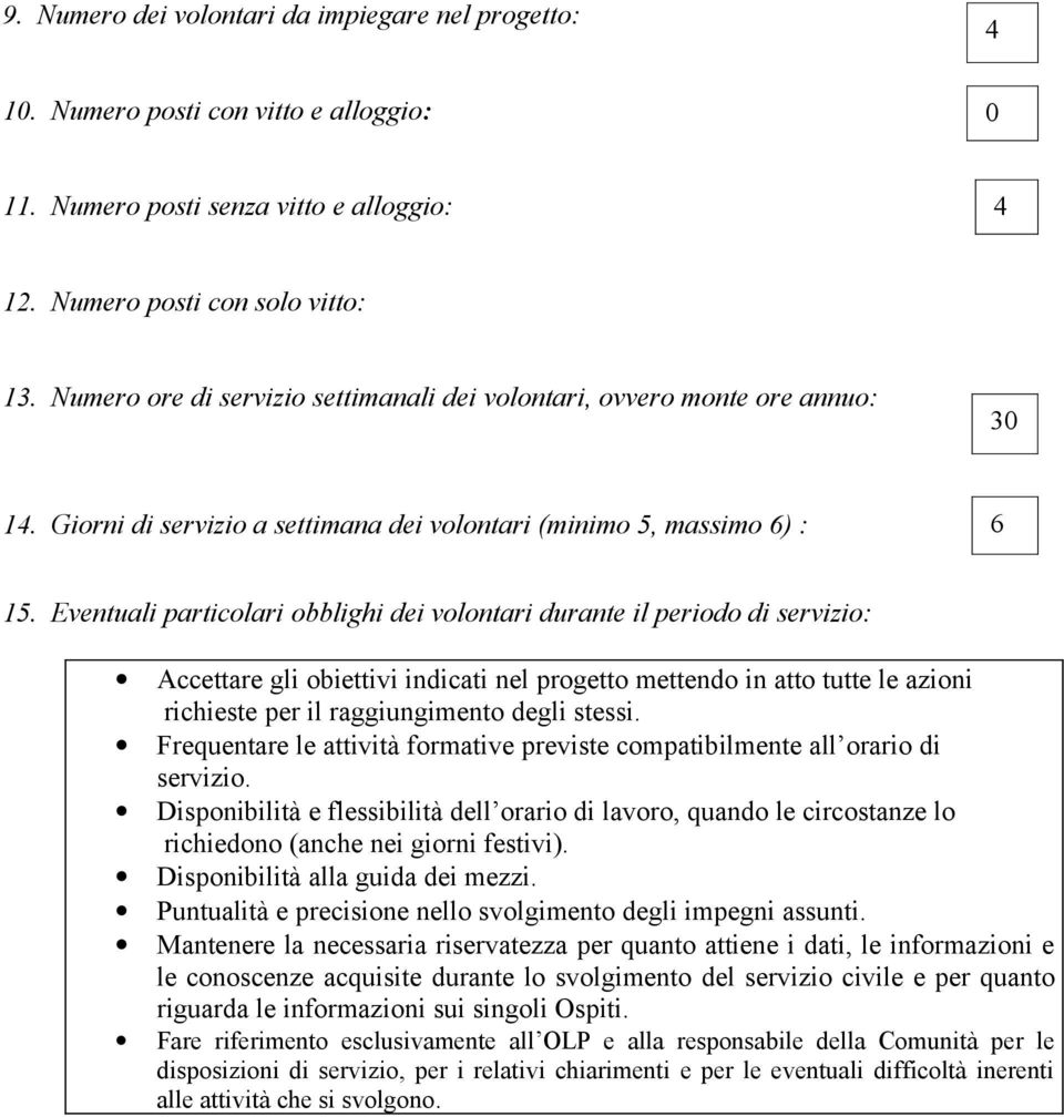 Eventuali particolari obblighi dei volontari durante il periodo di servizio: Accettare gli obiettivi indicati nel progetto mettendo in atto tutte le azioni richieste per il raggiungimento degli