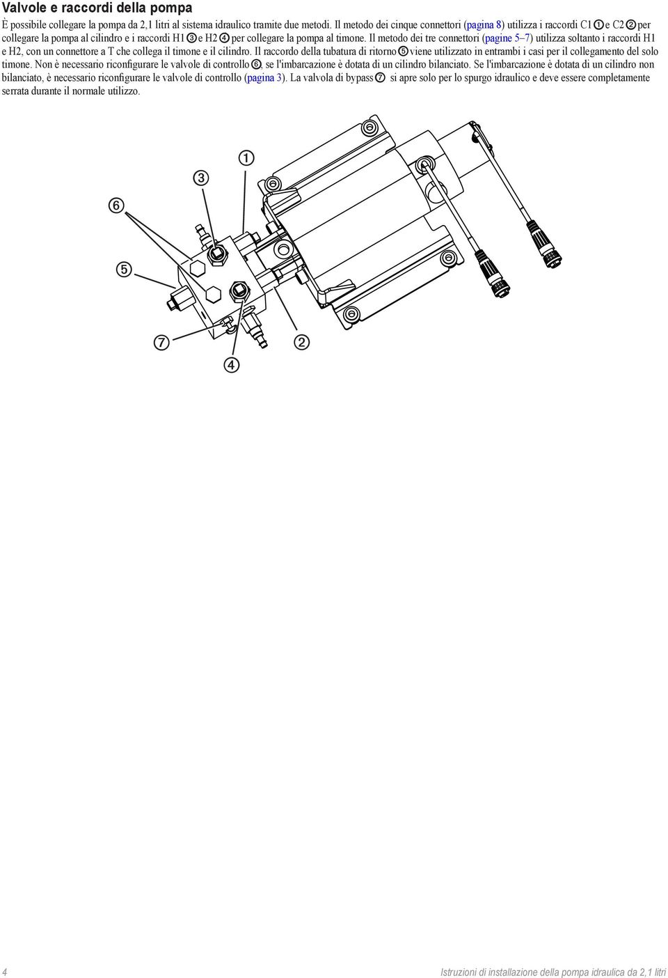 Il metodo dei tre connettori (pagine 5 7) utilizza soltanto i raccordi H1 e H2, con un connettore a T che collega il timone e il cilindro.