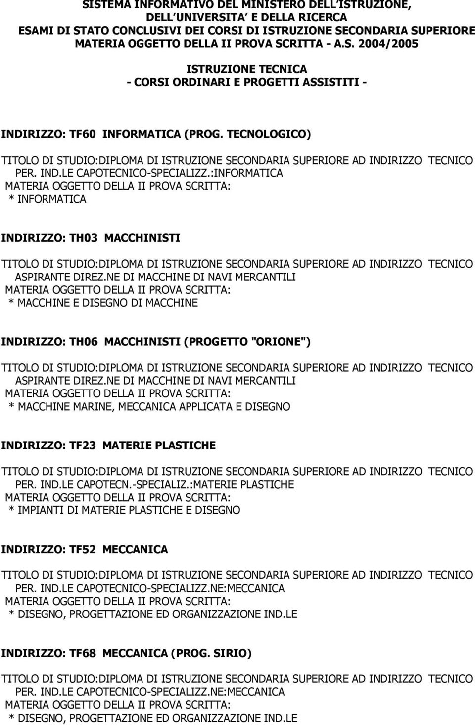 NE DI MACCHINE DI NAVI MERCANTILI * MACCHINE E DISEGNO DI MACCHINE INDIRIZZO: TH06 MACCHINISTI (PROGETTO "ORIONE") TECNICO ASPIRANTE DIREZ.