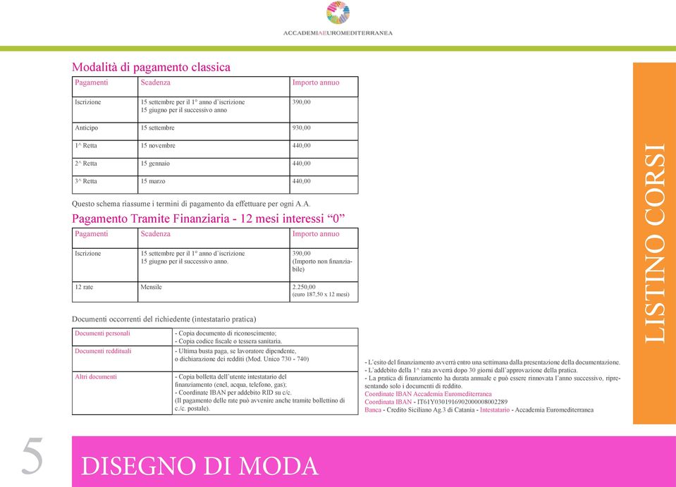 A. Pagamento Tramite Finanziaria - 12 mesi interessi 0 Pagamenti Scadenza Importo annuo Iscrizione 15 settembre per il 1 anno d iscrizione 15 giugno per il successivo anno.