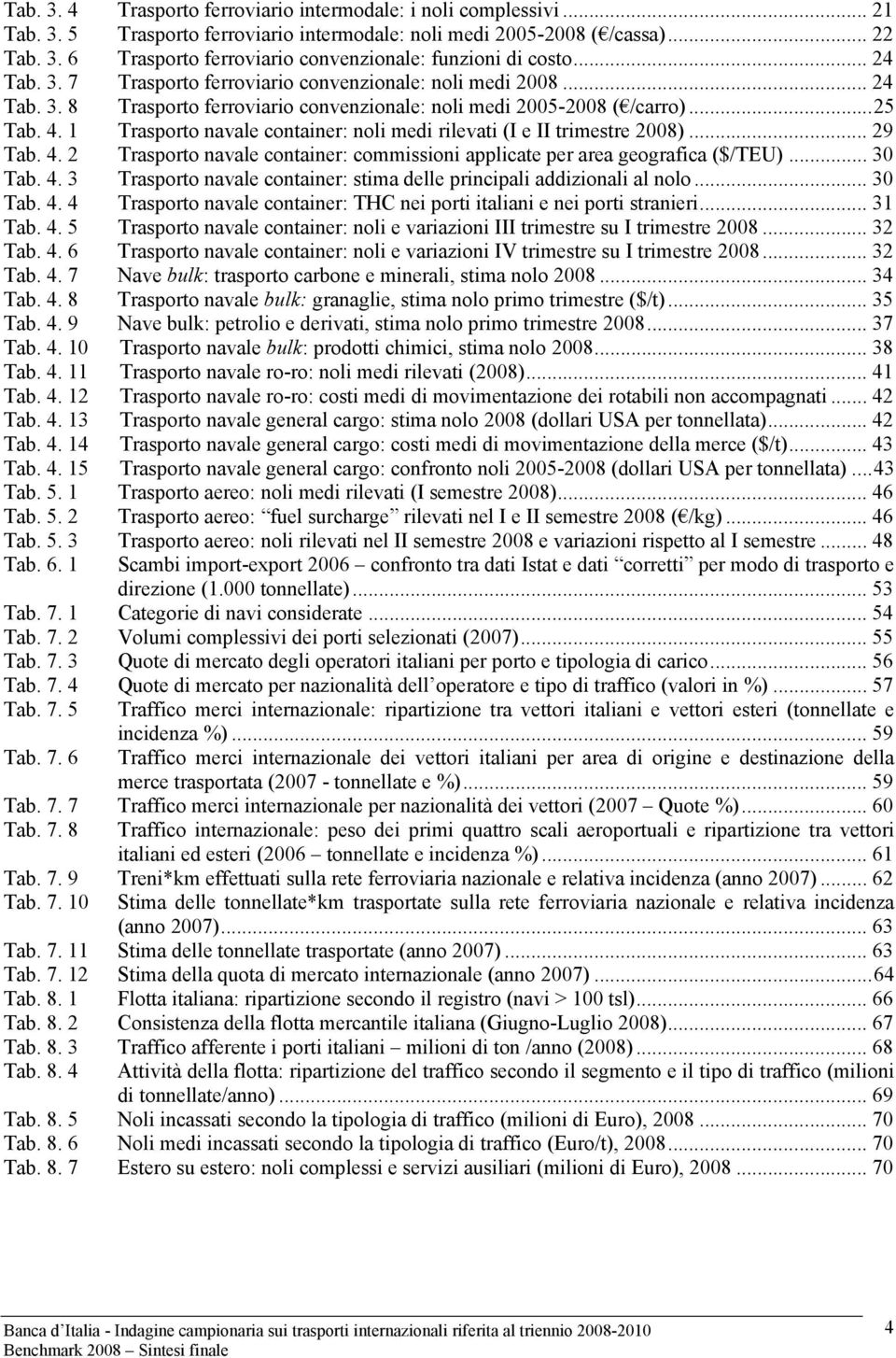 1 Trasporto navale container: noli medi rilevati (I e II trimestre 2008)... 29 Tab. 4. 2 Trasporto navale container: commissioni applicate per area geografica ($/TEU)... 30 Tab. 4. 3 Trasporto navale container: stima delle principali addizionali al nolo.