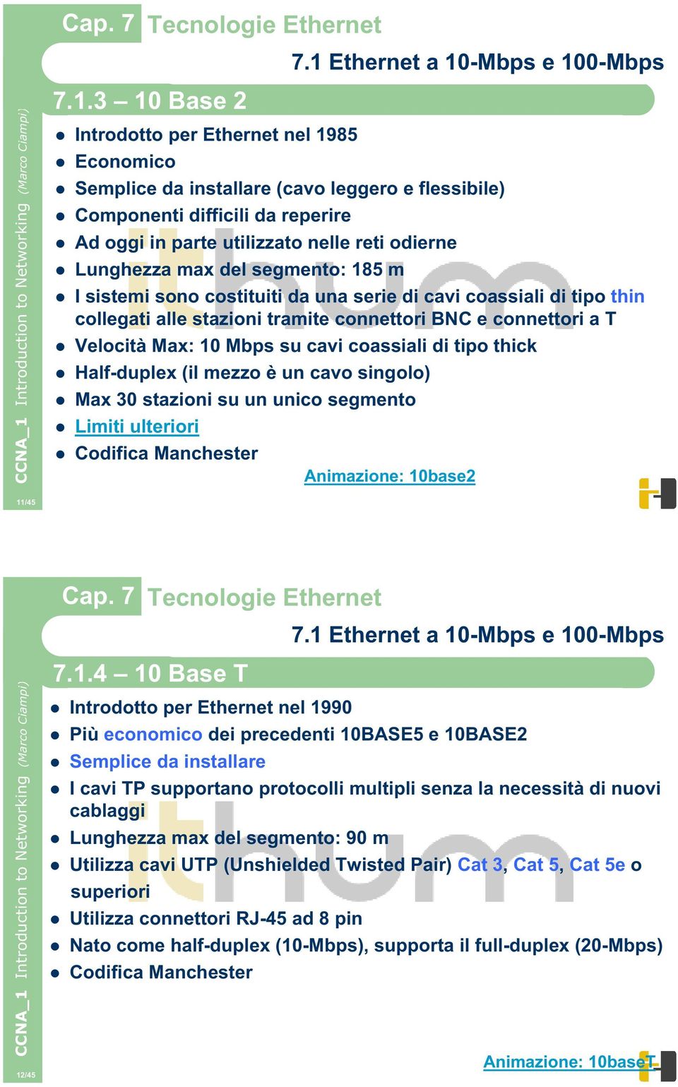 di tipo thick Half-duplex (il mezzo è un cavo singolo) Max 30 stazioni su un unico segmento Limiti ulteriori Codifica Manchester Animazione: 10