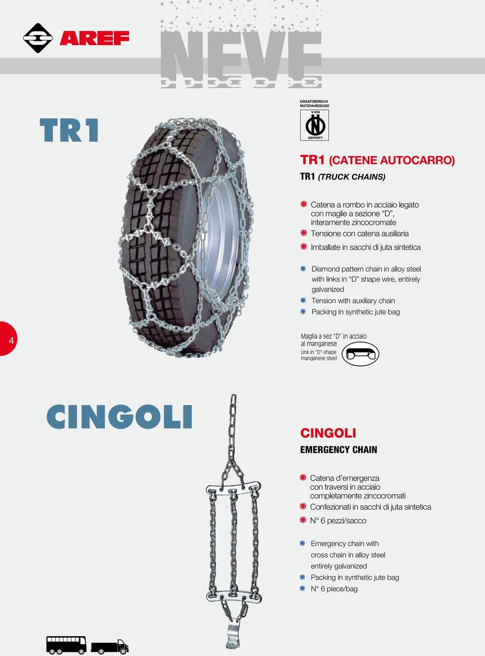 Maglia a sez D in acciaio al manganese Link in D -shape manganese steel CINGOLI CINGOLI EMERGENCY CHAIN Catena d emergenza con traversi in acciaio completamente