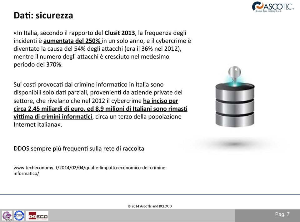 Sui cosb provocab dal crimine informabco in Italia sono disponibili solo dab parziali, provenienb da aziende private del setore, che rivelano che nel 2012 il cybercrime ha inciso per circa 2,45