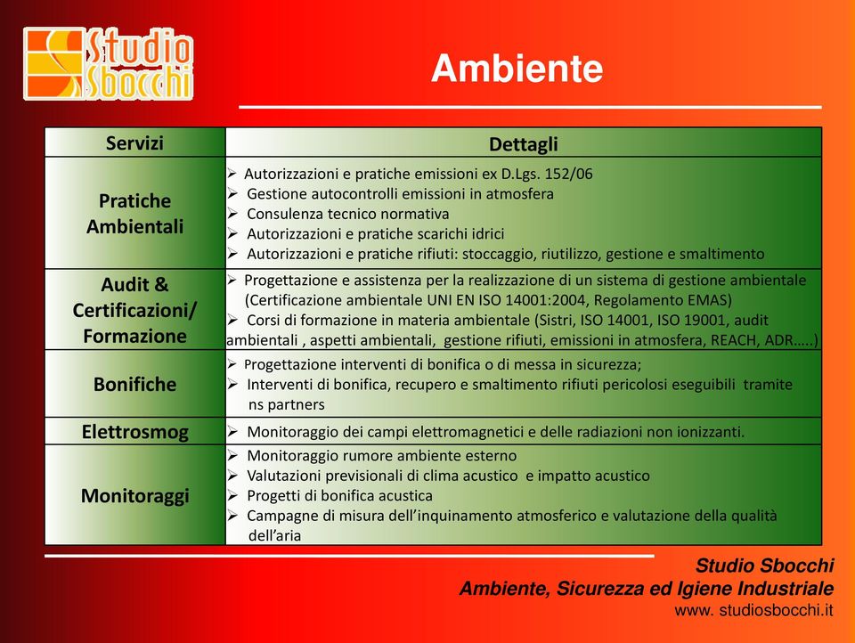 smaltimento Progettazione e assistenza per la realizzazione di un sistema di gestione ambientale (Certificazione ambientale UNI EN ISO 14001:2004, Regolamento EMAS) Corsi di formazione in materia