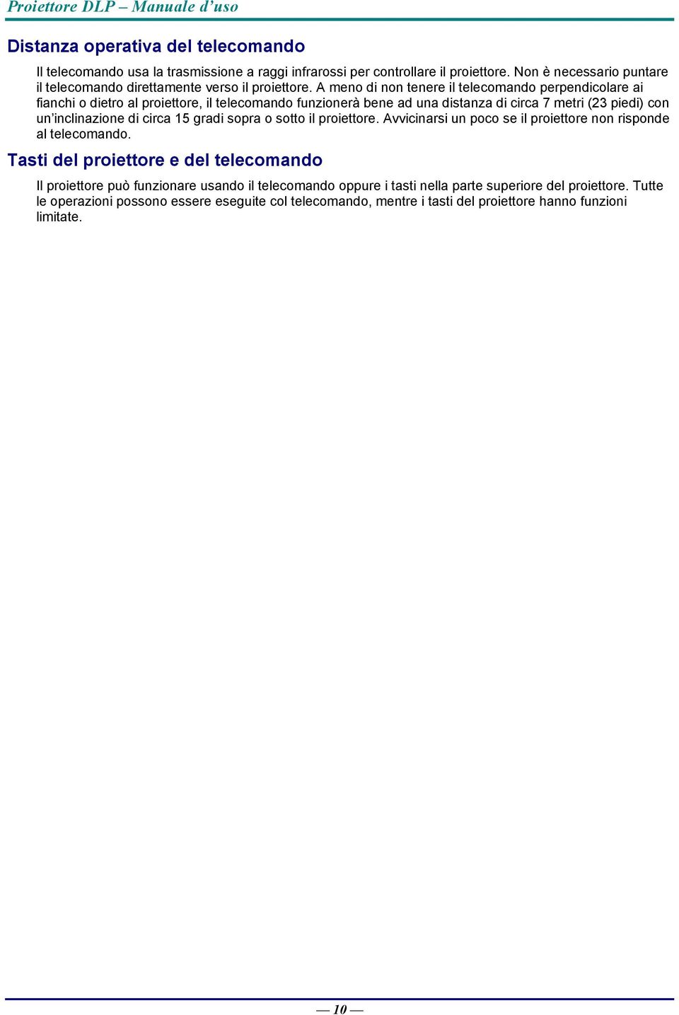 A meno di non tenere il telecomando perpendicolare ai fianchi o dietro al proiettore, il telecomando funzionerà bene ad una distanza di circa 7 metri (23 piedi) con un inclinazione di circa 15